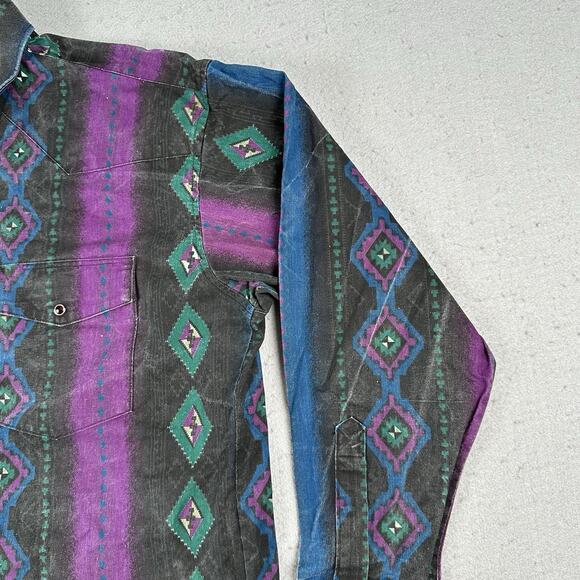 Vintage Wrangler Shirt Men’s Large Aztec Western Snap Brushpopper Rodeo Cowboy - Picture 2 of 16